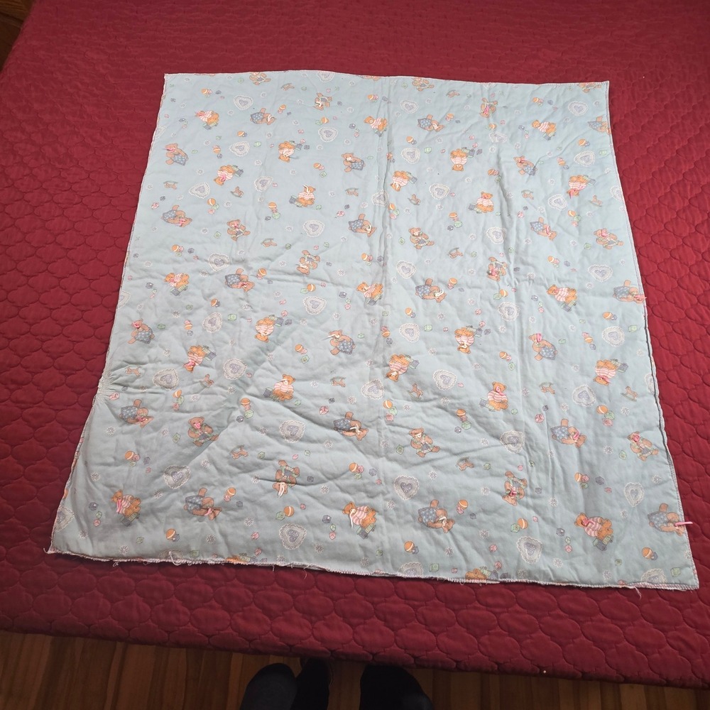Hand made Baby‎ Blanket Throw Wrap Swaddle Quilt Blue Teddy Bears 1980s 42"x41"